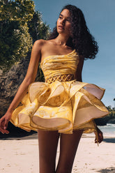 One Shoulder Wrinkle Lace-Up Party Tulle Hem Mini Dresses-Yellow Pre Order